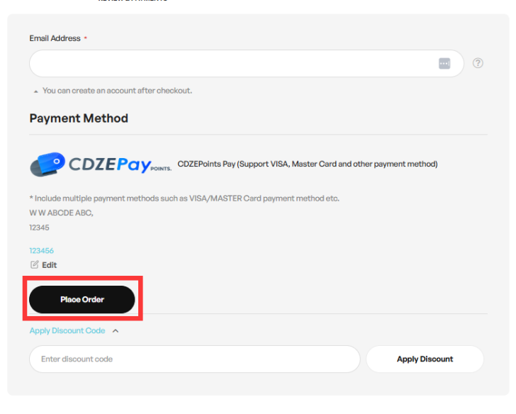 Checkout page showing payment options and a Place Order button.