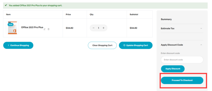 Shopping cart with Office 2021 Pro Plus for $34.82, checkout button highlighted.