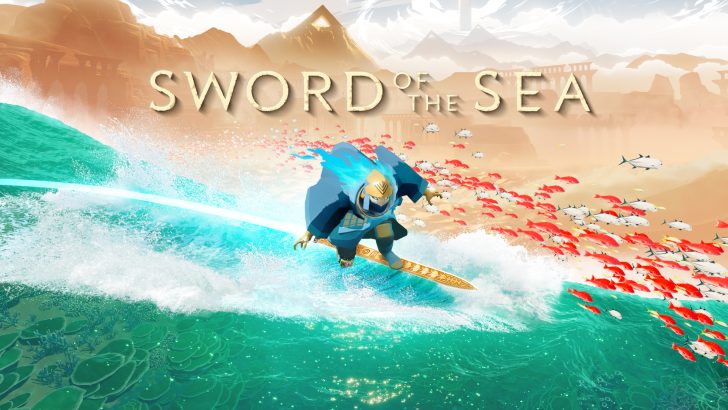 I don’t have access to the image, but based on its description, here's an alt text:Surfer riding a wave of fish with Sword of the Sea text and mountainous backdrop.