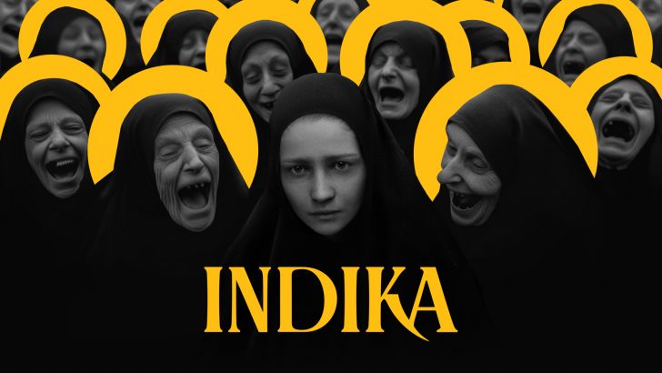 Mysterious woman in black hooded cloak surrounded by expressive faces, yellow accents, text INDIKA.