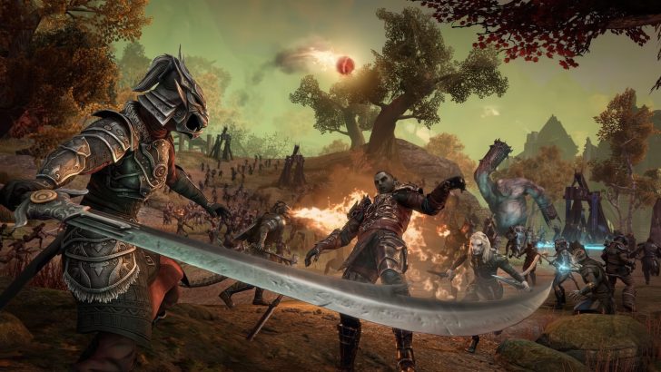 Fantasy warriors battle in a forest under a green sky in an epic fight scene.