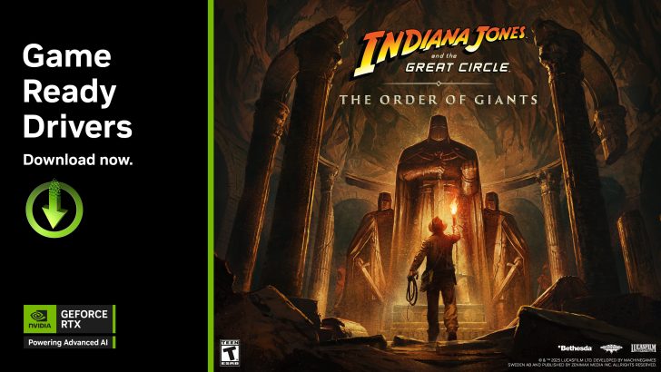 NVIDIA GeForce RTX Game Ready Drivers download now text beside 'Indiana Jones and the Great Circle: The Order of Giants' game art.