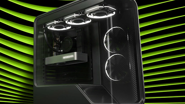 Sleek computer case with RTX graphics, featuring cooling fans on vibrant green background.