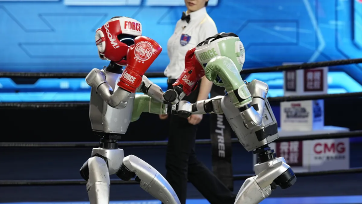 Robots boxing in a ring during a competition.