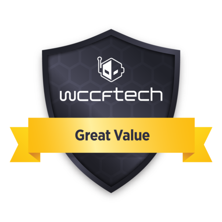 Wccftech Great Value award badge with yellow ribbon on dark hexagonal shield.