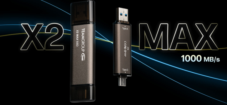 TEAMGROUP X2 MAX SSD with USB Type A and Type C, 1000 MB/s speed.