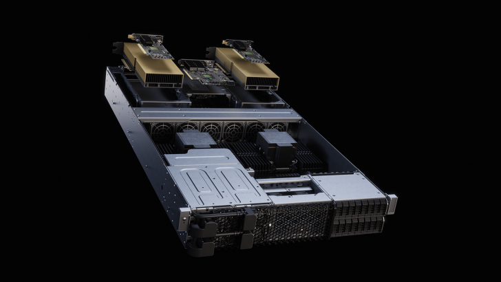 High-performance server hardware with dual GPUs on a black background.