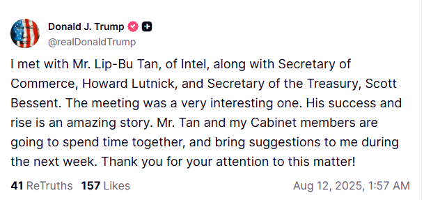 Social media post by Donald J. Trump about meeting with Intel's Lip-Bu Tan and cabinet members.