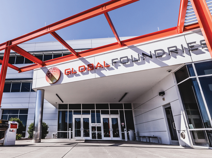Entrance of a modern GlobalFoundries building under a blue sky.
