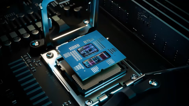 Close-up of a computer processor on a motherboard, highlighting advanced technology and chip design.