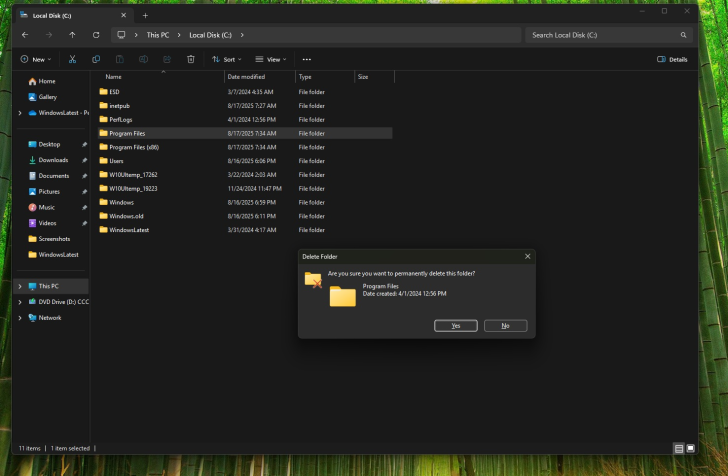 File deletion confirmation dialog in Windows File Explorer with Program Files folder.