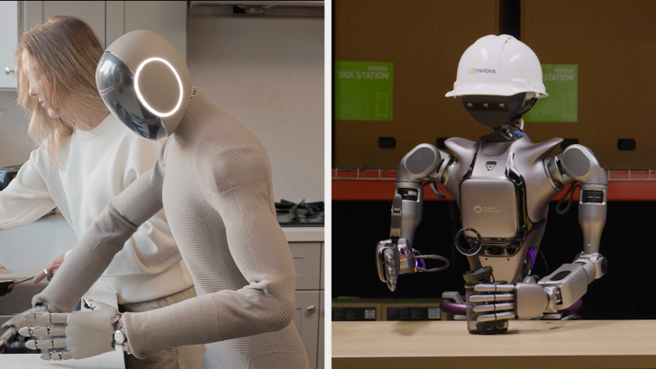 Robots in various work scenarios: assisting in kitchen and industrial setting.