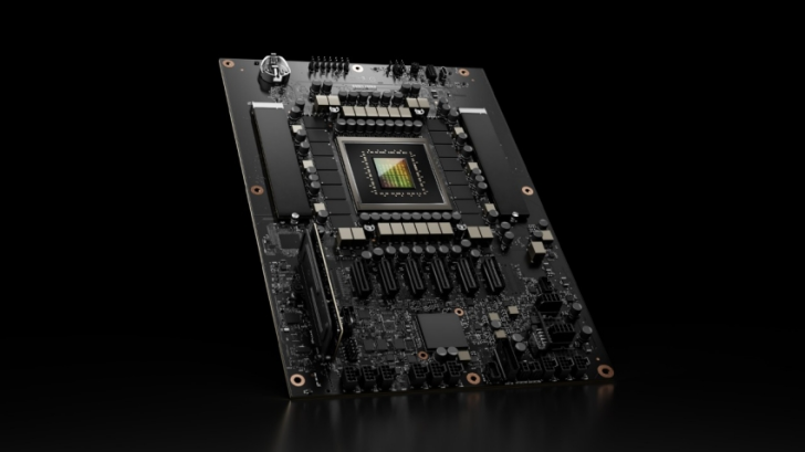 High-performance GPU circuit board with intricate components on a black background.