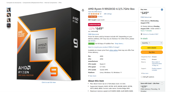 AMD Ryzen 9 9950X3D CPU box with price and specs listed on Amazon page.