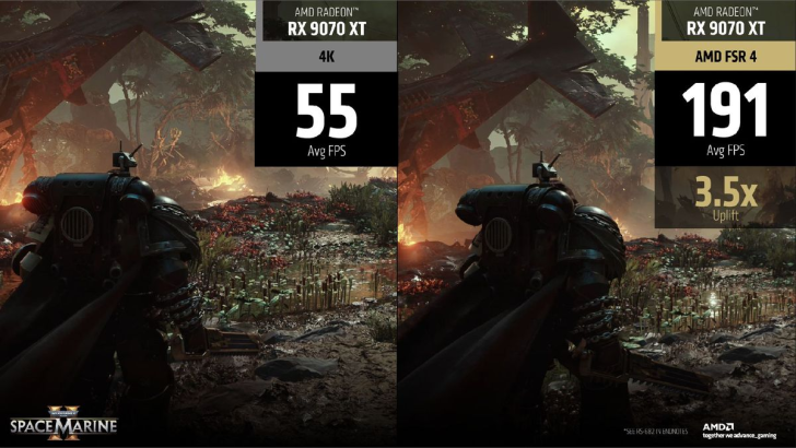 AMD RX 9070 XT performance in Space Marine 2 with 4K and FSR 4, showing FPS comparison.