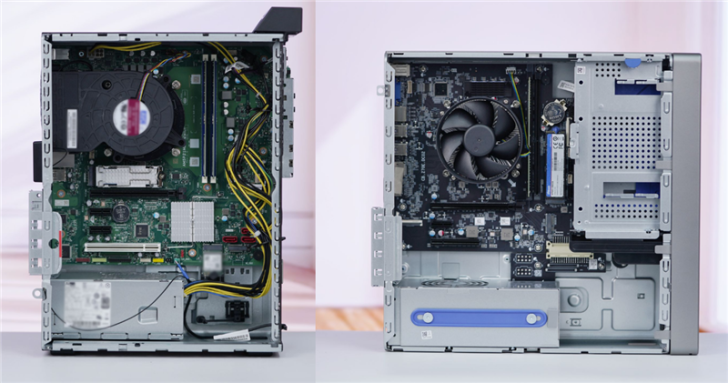 Dual open computer cases showing internal hardware and components for desktop PCs.
