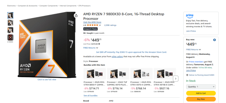 AMD Ryzen 7 9800X3D processor box, 8-core, 16-thread, for desktop PCs, available on Amazon.
