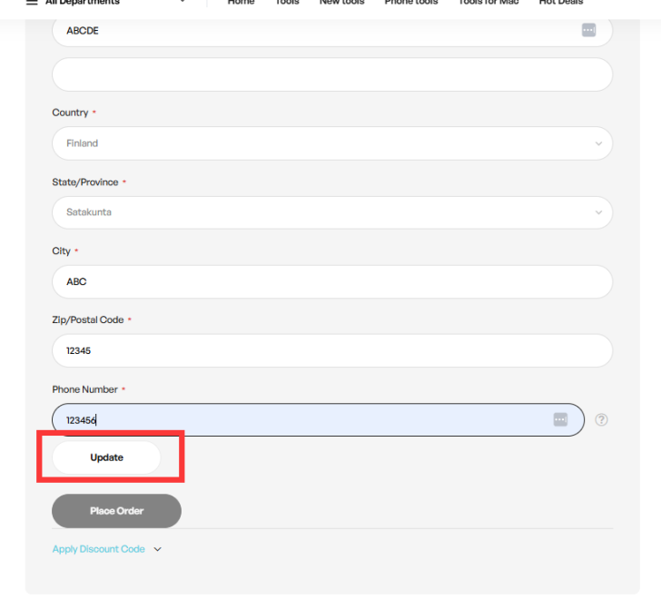 Form completion section with update and place order options highlighted.