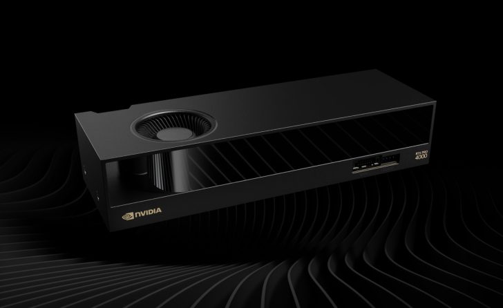 NVIDIA RTX Pro 4000 graphics card on black wave background.