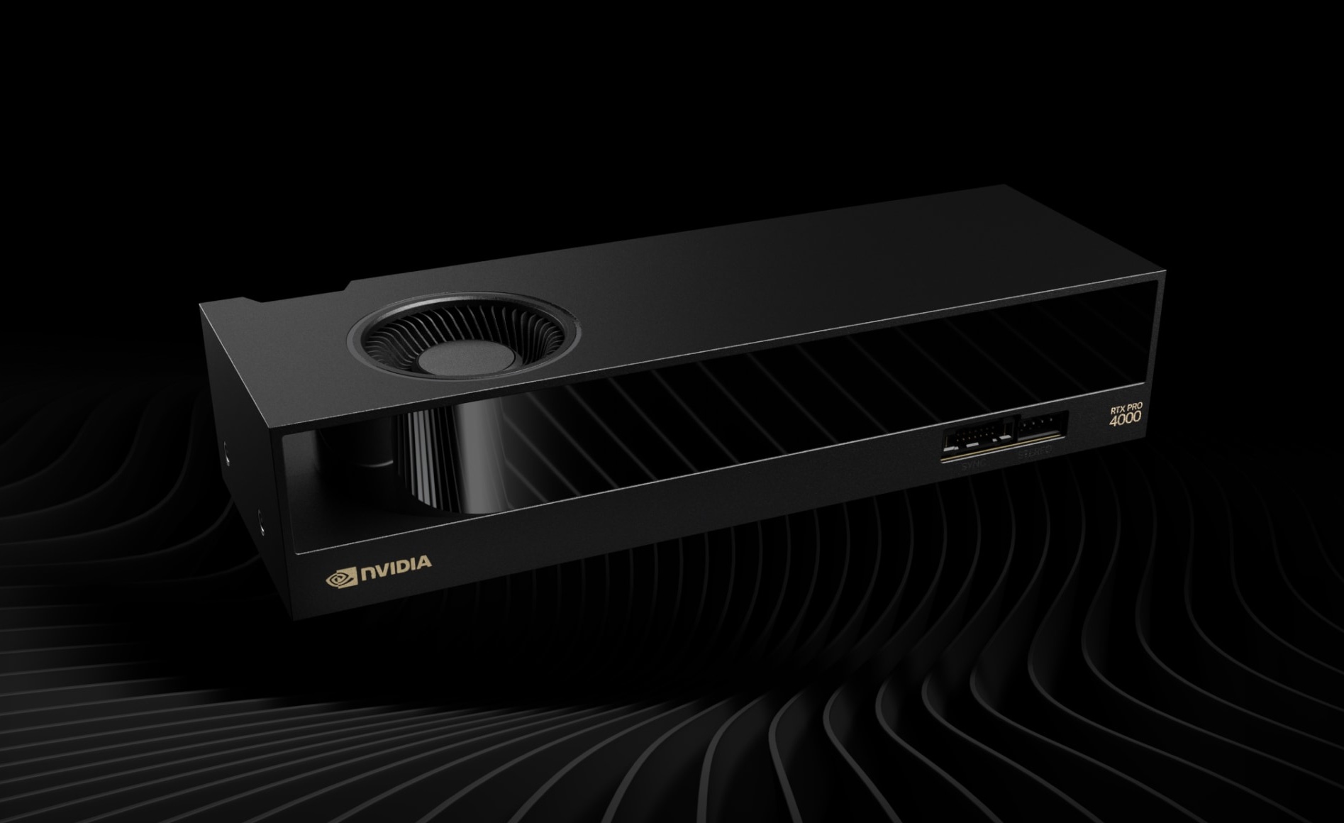 NVIDIA RTX Pro 4000 graphics card on black wave background.