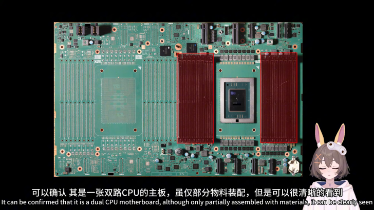 Dual CPU motherboard, partially assembled, with components visible on a black background.