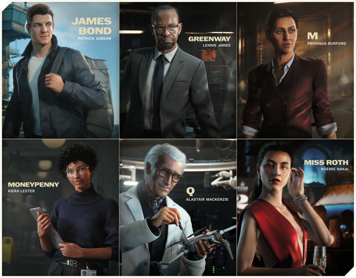 James Bond poster with six character portraits, including Greenway, M, Moneypenny, Q, and Miss Roth, each with actor names.