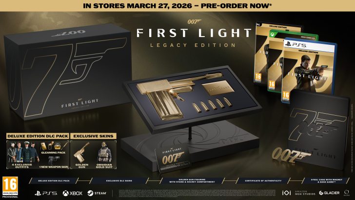 007 First Light Legacy Edition game box and accessories with pre-order now banner.