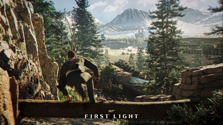 James Bond running in the forest towards a military plane, title reads 007 First Light.