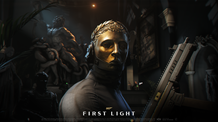 Golden masked figure holding a firearm, with “007 FIRST LIGHT” displayed at the bottom in an ornate room.