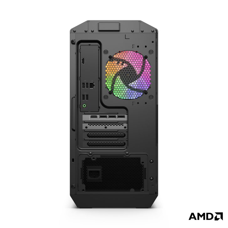 AMD computer tower back with multi-color fan and various ports, AMD logo in bottom right corner.