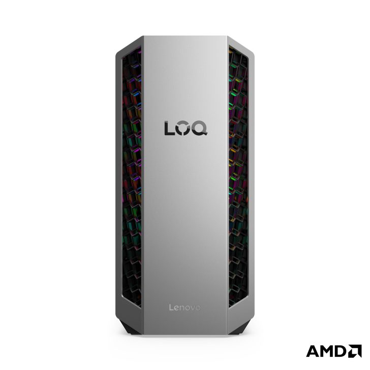 Lenovo LOQ desktop tower with AMD logo.