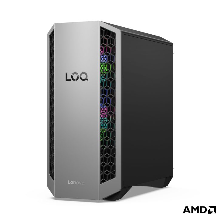 Lenovo LOQ PC tower with AMD logo, featuring a front hexagonal design and RGB lighting.