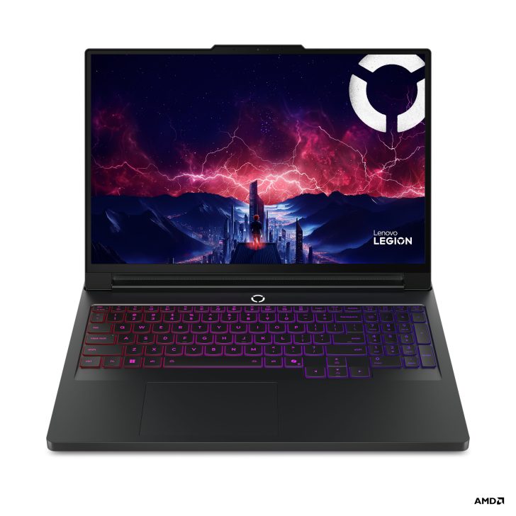 Lenovo Legion laptop with AMD logo on desktop background.