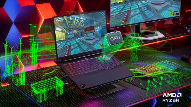 AMD Ryzen laptop displaying Counter-Strike 2 alongside NVIDIA GeForce RTX branding in a colorful, futuristic setup.