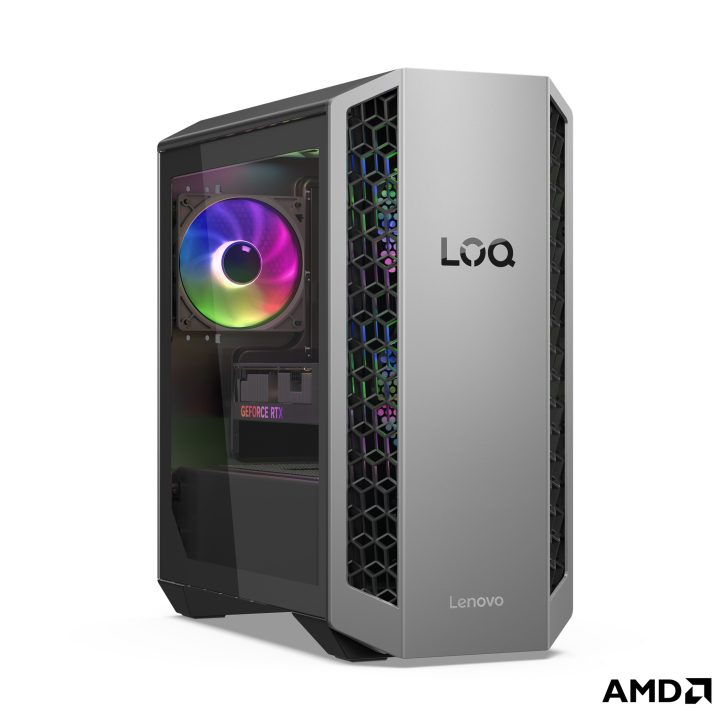 Lenovo LOQ desktop with NVIDIA GeForce RTX visible inside and AMD logo on the corner.