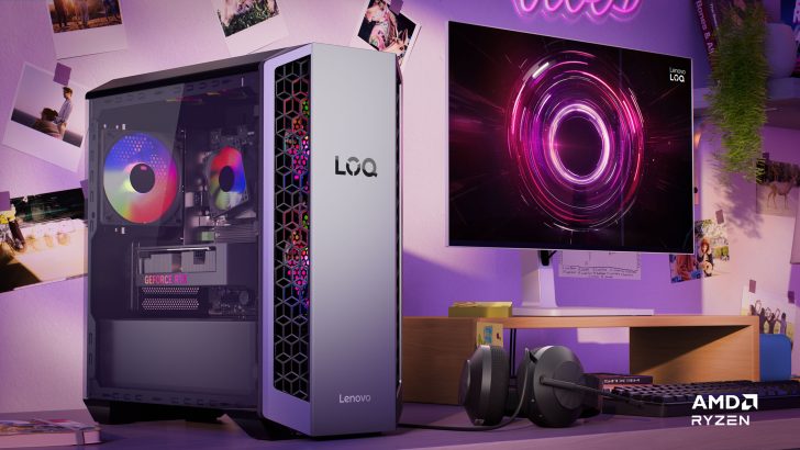 Lenovo LOQ desktop with GeForce RTX GPU and Lenovo LOQ monitor on desk, AMD Ryzen logo visible.
