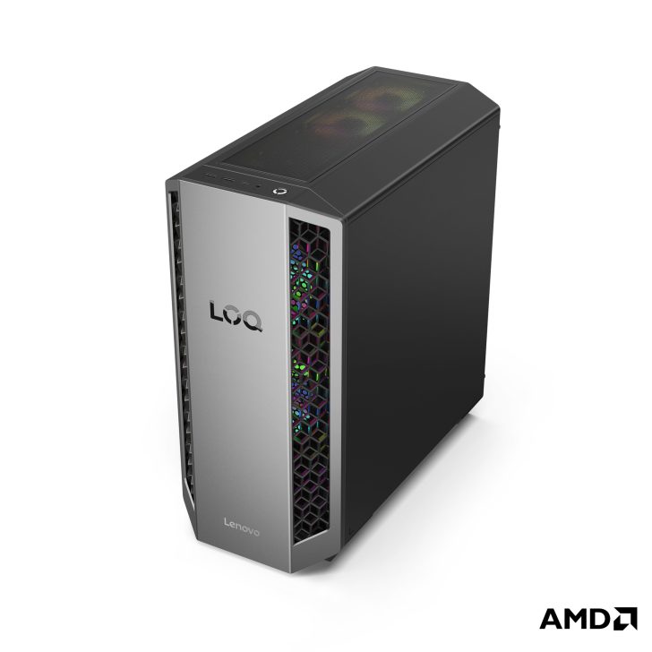 Lenovo LOQ desktop computer with honeycomb front grill and colorful internal lighting, AMD logo in corner.