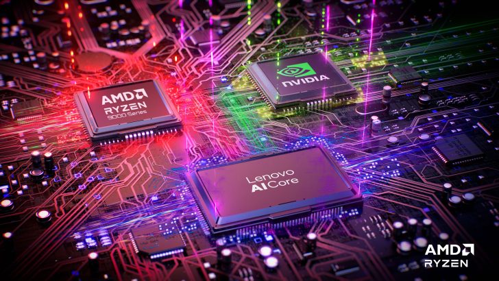 AMD Ryzen 9000 Series, NVIDIA, and Lenovo AI Core chips on a glowing motherboard with multicolored light effects.