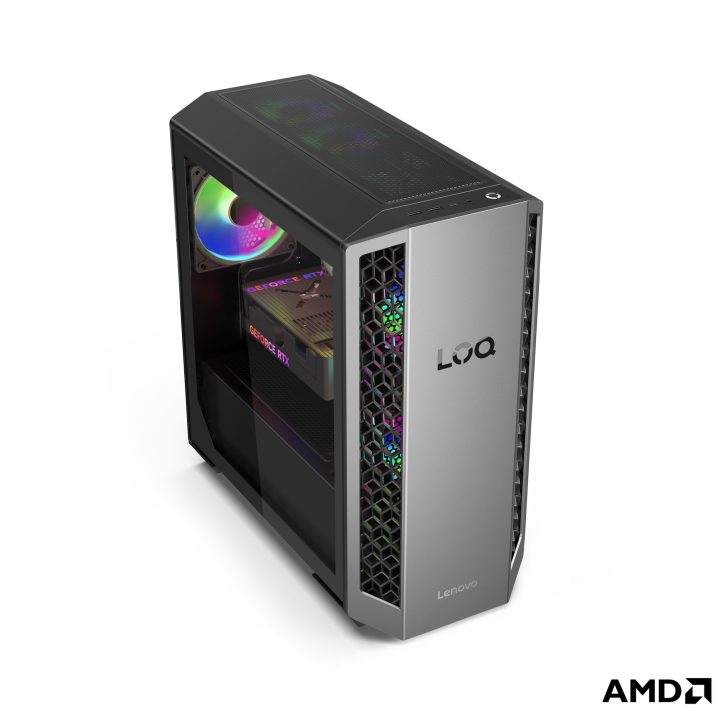 Lenovo LOQ desktop with visible GeForce RTX graphics card and AMD logo.