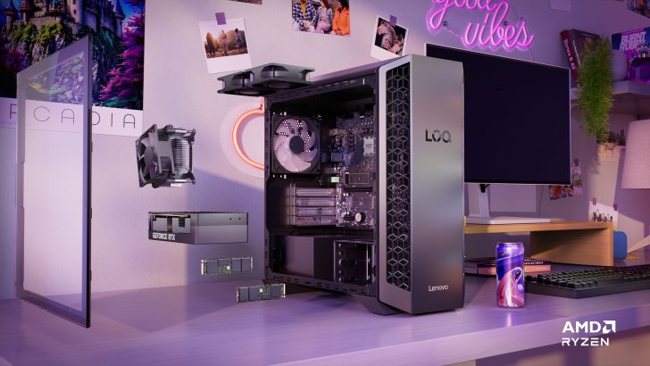 Lenovo LOQ tower with NVIDIA GeForce RTX, AMD Ryzen logo, and interior components on a desk with good vibes neon sign.