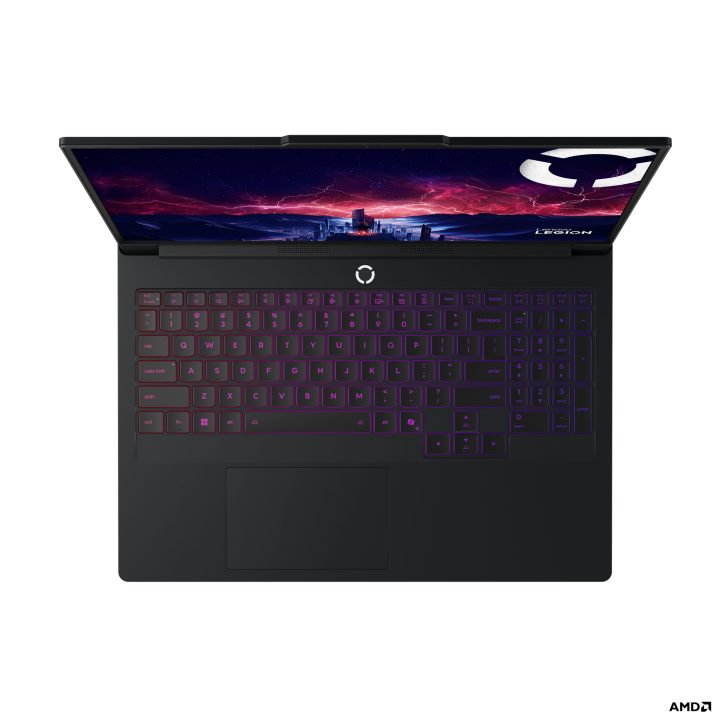 Lenovo Legion laptop with logo on screen, AMD branding in the corner.