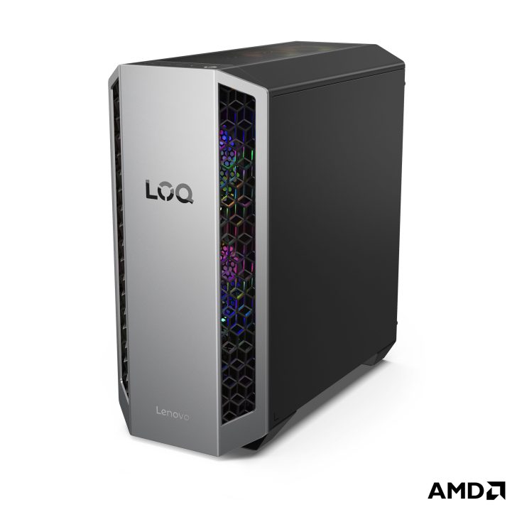 Lenovo LOQ desktop tower with AMD logo on its front panel, displaying LED lighting through a geometric grille.