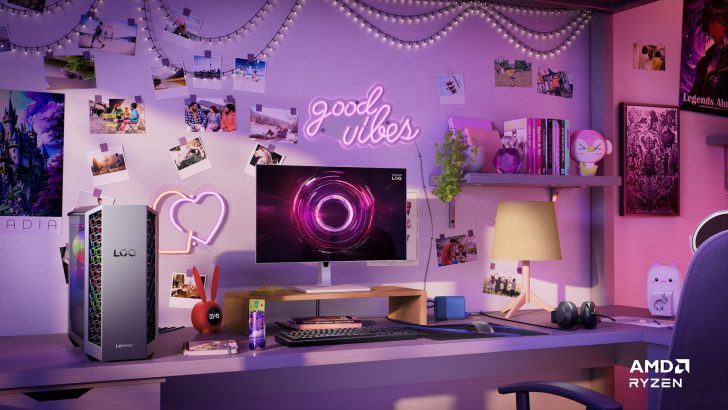 Lenovo LOQ desktop with a Lenovo LOQ monitor on a desk under good vibes neon sign, featuring AMD Ryzen logo.