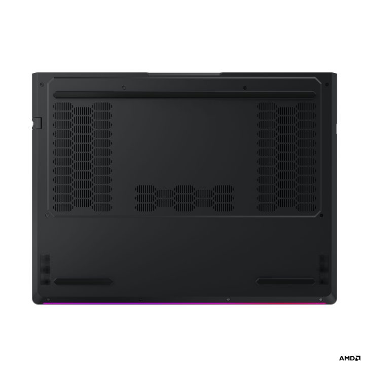 Bottom view of a laptop with AMD logo in the corner.