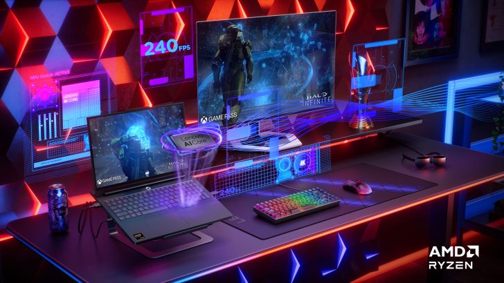 Lenovo laptop with Lenovo AI Core and Halo Infinite on screen, AMD Ryzen logo, and 240 FPS in a gaming setup.