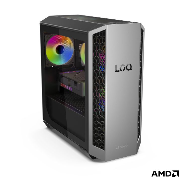 Lenovo Loq desktop PC with GeForce RTX card visible through side panel and AMD logo in the corner.