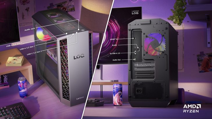 Lenovo LOQ desktop with labeled ports like USB-A 3.2 Gen 1 and RJ45, featuring AMD Ryzen logo on a desk setup.