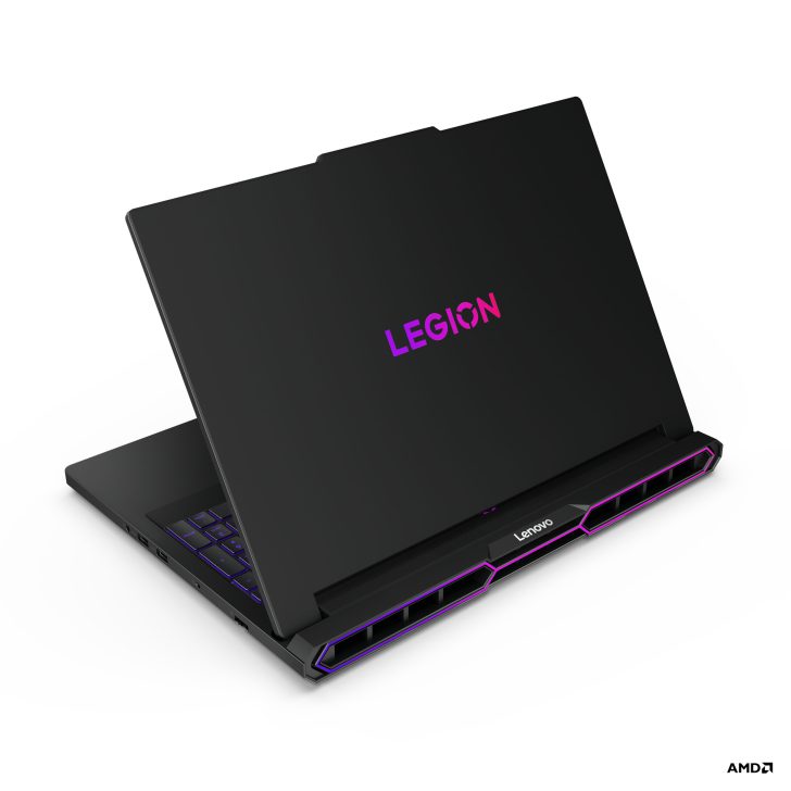 Lenovo Legion laptop with purple accents and AMD logo.