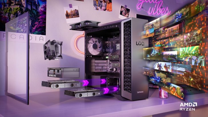 Lenovo LOQ desktop with a GeForce RTX in a gaming setup, displaying AMD Ryzen on the table.