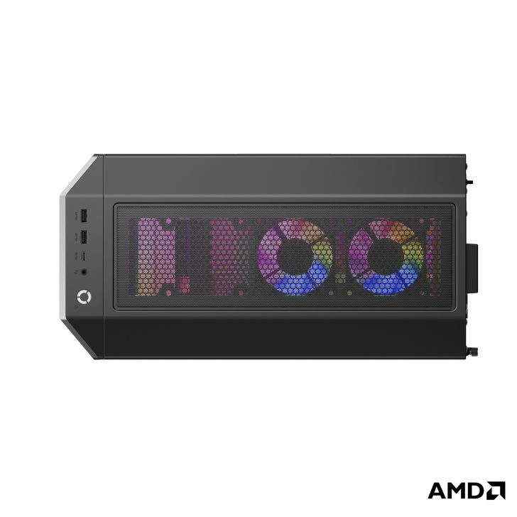 AMD PC case with RGB fans and front I/O ports.
